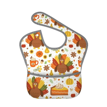 Zufioo Thanksgiving With Turkey Print Toddler Adjustable Waterproof Bib, 11.6x15 Inch Feeding Bib Suitable for 6-24 Month Babies