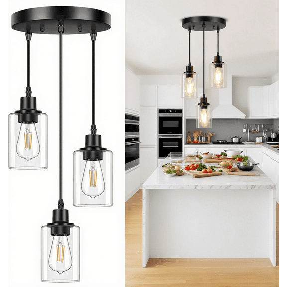 3-Light Pendant Lighting for Kitchen Island Dining Lamp Ceiling Hanging with Adjustable Cord and Glass Shade for Farmhouse Living Dining Room Bar, Black