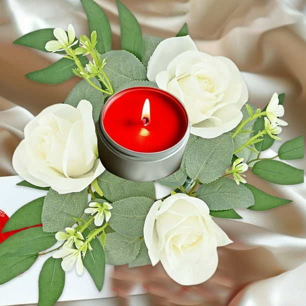 Apmemiss Valentine's Day Rose Candle Rings Wreaths Artificial Flowers with Green Leaves Floral Table Pillar Centerpiece Mini Rings Garland for Wedding Home Party Table Wreath Candle Holder Decor