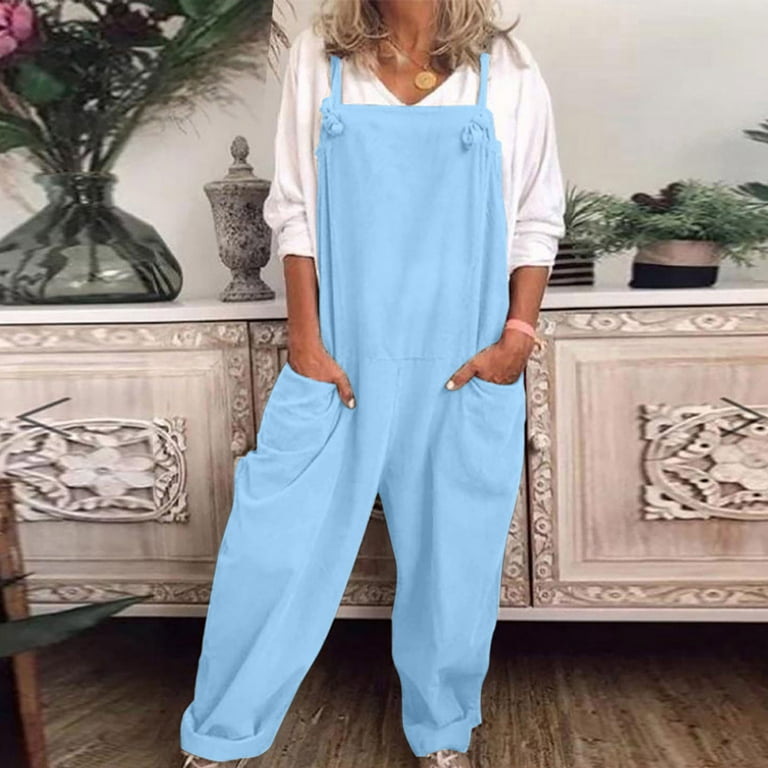 Womens Jumpsuits Womens Overalls Casual Loose Dungarees Romper Baggy  Playsuit Cotton and Linen Jumpsuit On Sale Light Blue S