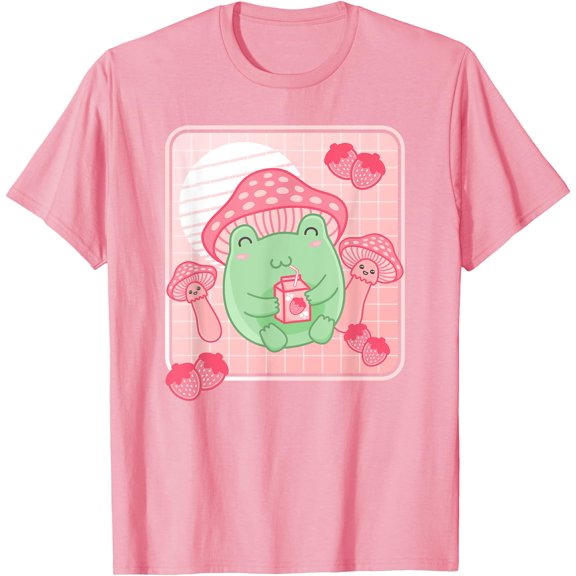 Kawaii Frog Pink Strawberry Milk Mushroom Frog Lover Unisex T-Shirt for Men Women Kids
