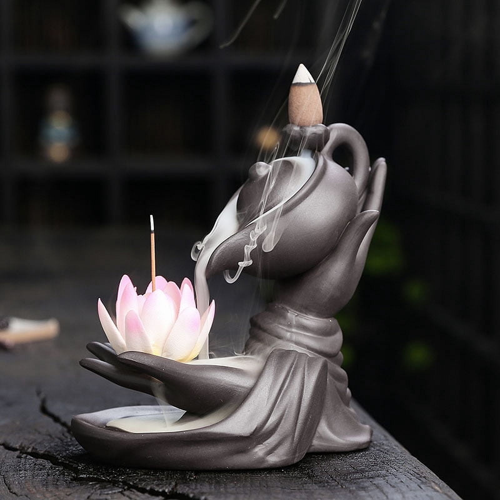 Buddha Hand Series Backflow Incense Burner Indoor Smoke Waterfall Incense Holder Creative Lotus Ceramic Incense Burner (White Lotus)