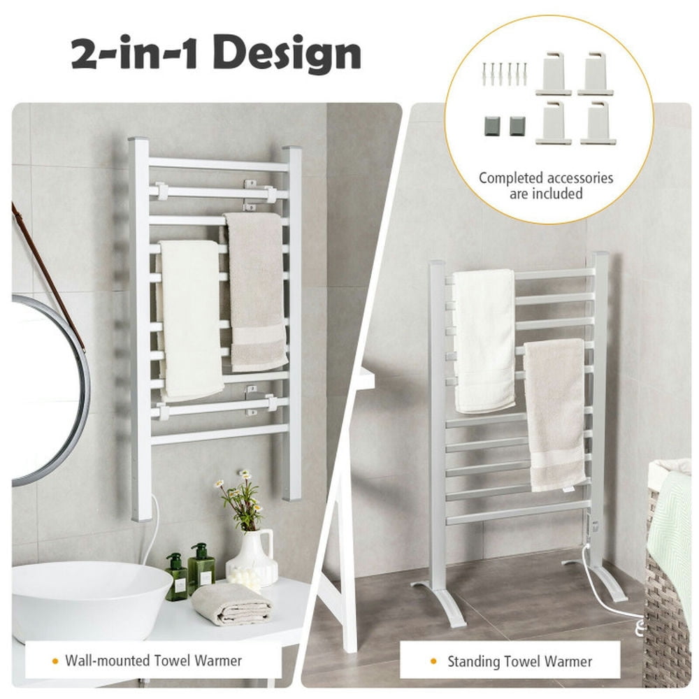 Finihen Wall Mounted Towel Rack, Electric Heated Towel Rack, 2-in-1 150W Freestanding and Wall-mounted Towel Warmer Drying Rack with Timer, for Bathroom, laundry Room, Silver