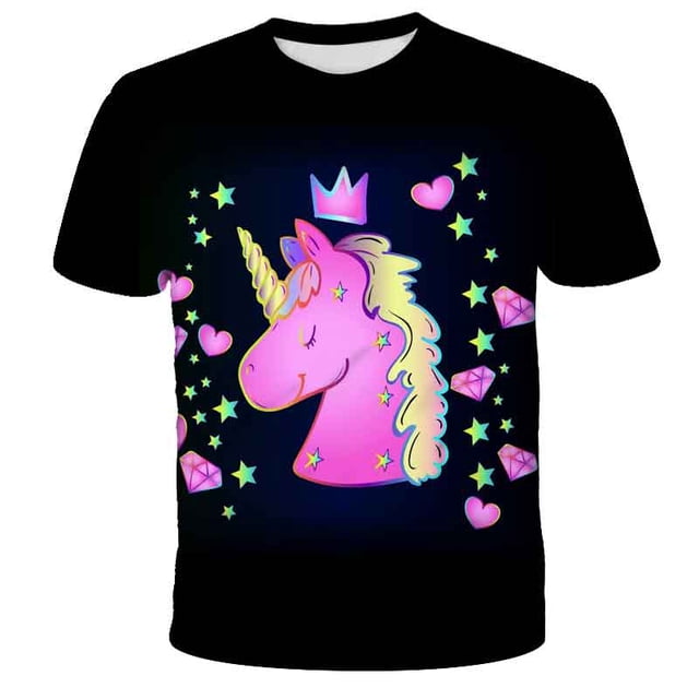 3-14 Ys Kids Girls T-shirt Kawaii Unicorn T Shirt Lovely Girl Clothes Tops Cartoon Short Sleeve Children Clothing Boys T-shirts13T Gong Bohan LED