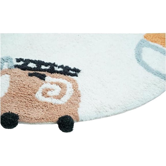 HomeRoots 634891 32 in. Blue Green & White Cotton Cars Round Youthful Bath Rug