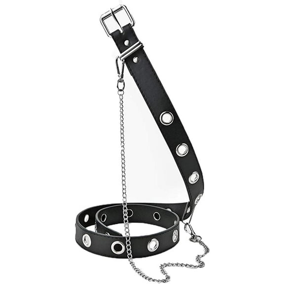 Nihsatin Womens Black PU Leather Belt with Metal Chain