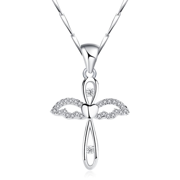 Leander 999 Sterling Silver Zircon Cross Angel Pendant Necklace, Diamond-Encrusted, Simple and Exquisite, Women's Necklace