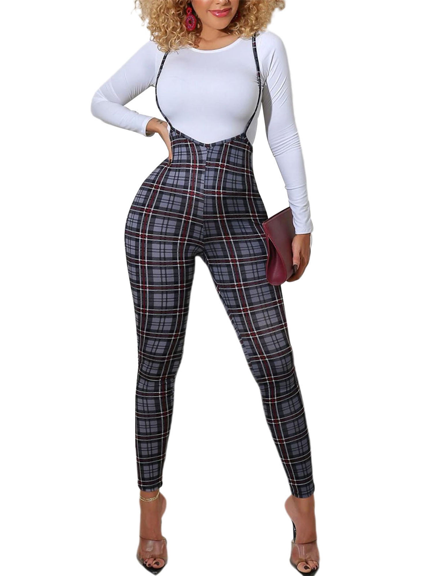 Seyurigaoka Seyurigaoka Women’s Suspender Trousers Plaid High Waist Pants Jumpsuit for Spring