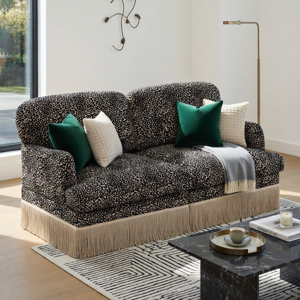 Hommoo 2-Seat Leopard Print Chenille Loveseat Sofa with Tassel Trim, Modular Sectional Couch for Living Room, Easy Assembly, Ergonomic Deep Seat Design, khaki