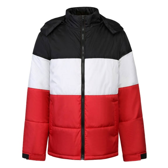 Lyinloo Men's Hooded Detachable Zipper Cardigan Color Block Warm Cotton Coat Red XXL