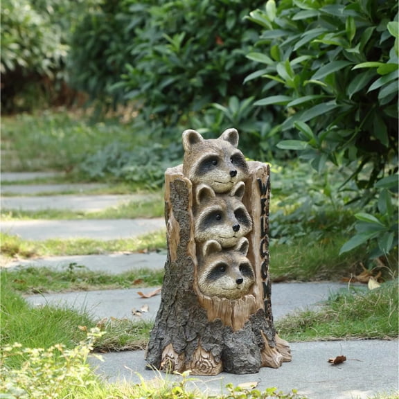 Hi-Line Gifts 17" Brown and Black Three Raccoons in a Tree Trunk Welcome Sign Garden Statue