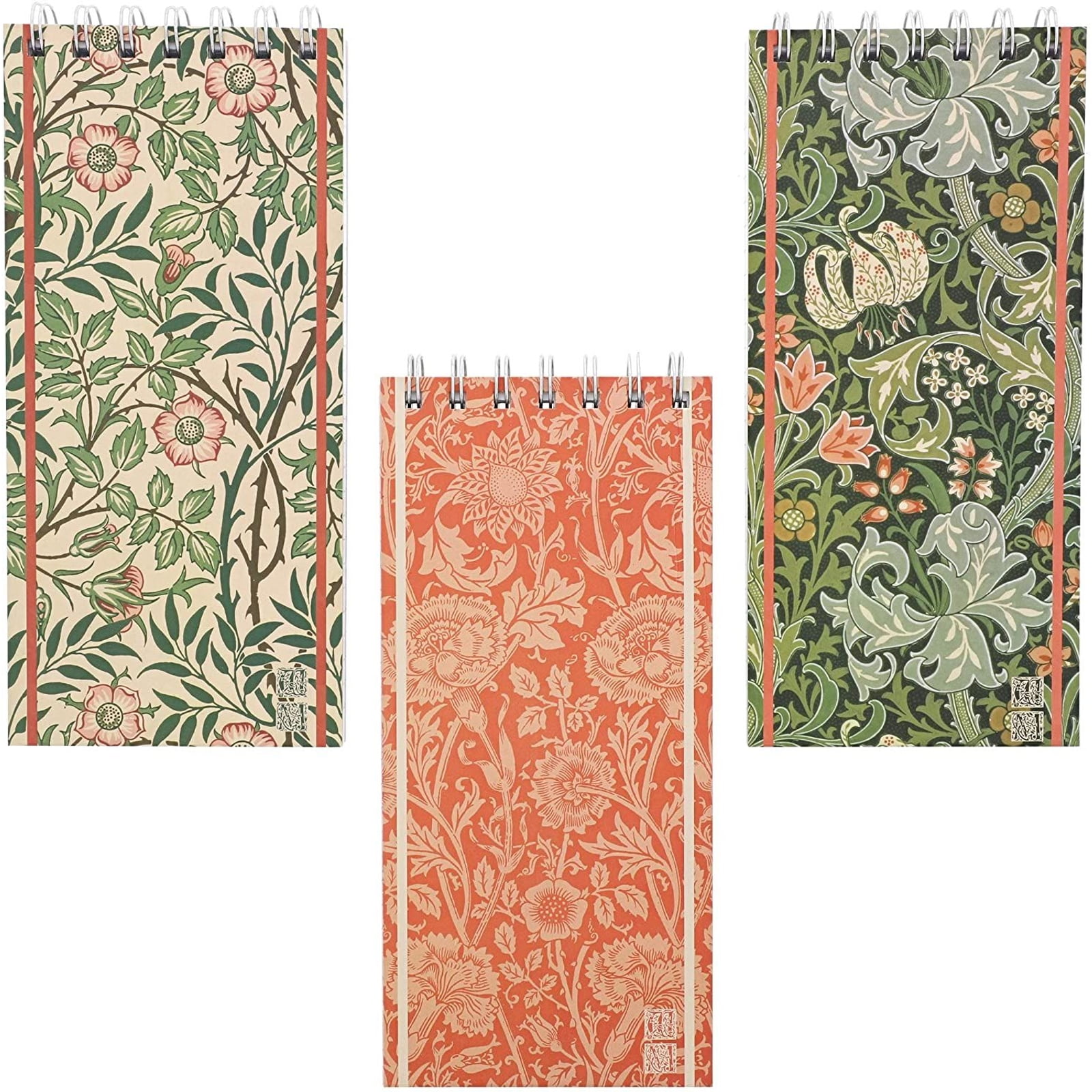 3-Pack Long Spiral Notepads, Hard Cover Note Pads, William Morris Inspired, 8.4 x 3.75