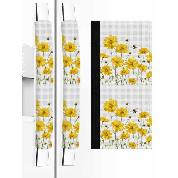 Yellow Flowers Refrigerator Door Handle Covers Set of 2, Summer Bee Country Floral Gray Plaid Kitchen Fridge Microwave Oven Dishwasher Stove Cabinet Handle Protectors, Washable Appliance Decor