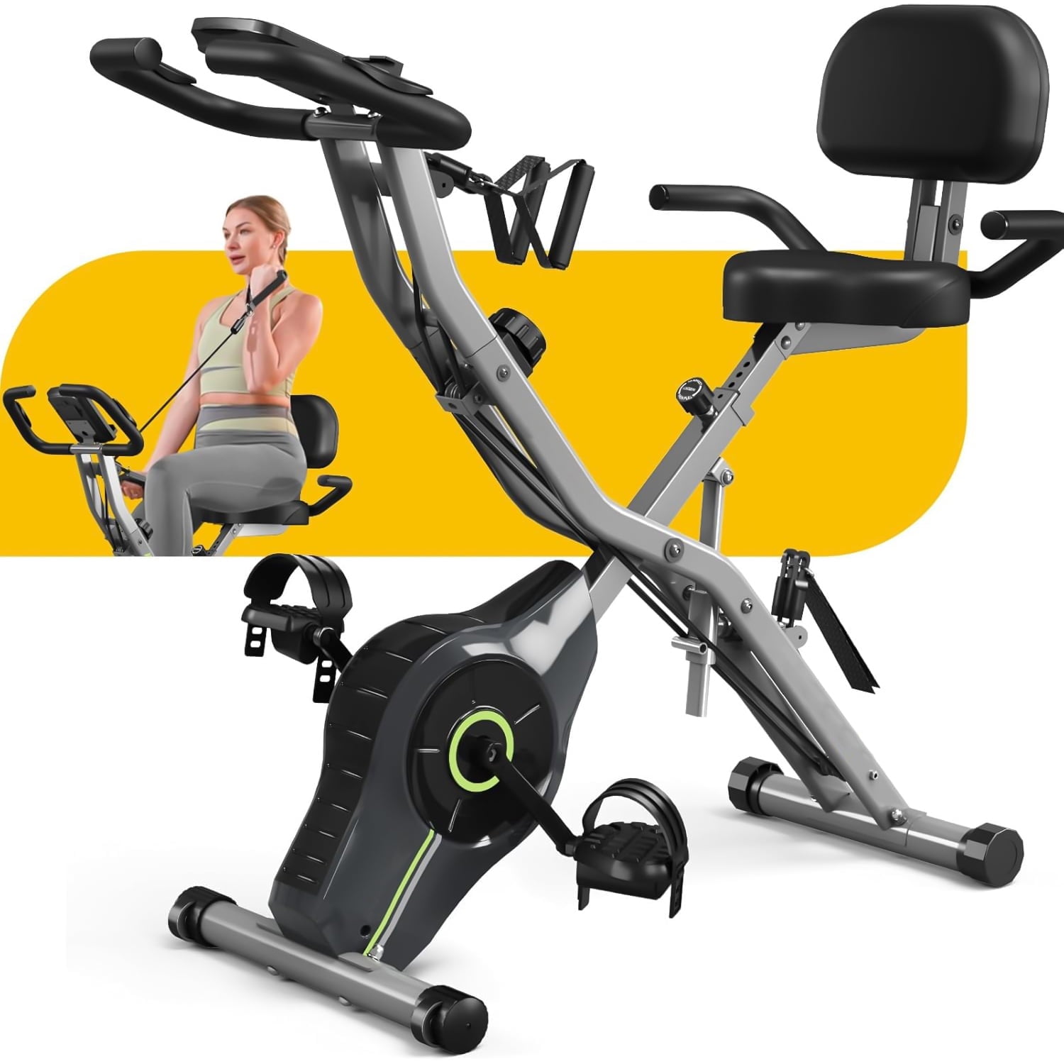 MITONOS Exercise Bike for Home,5 in 1 Foldable Stationary Bike for Seniors,16 Level Adjustable Magentic Resistance,Women Recumbent Bike with 330LB Capacity,Indoor Cardio Workout Bike with Backrest