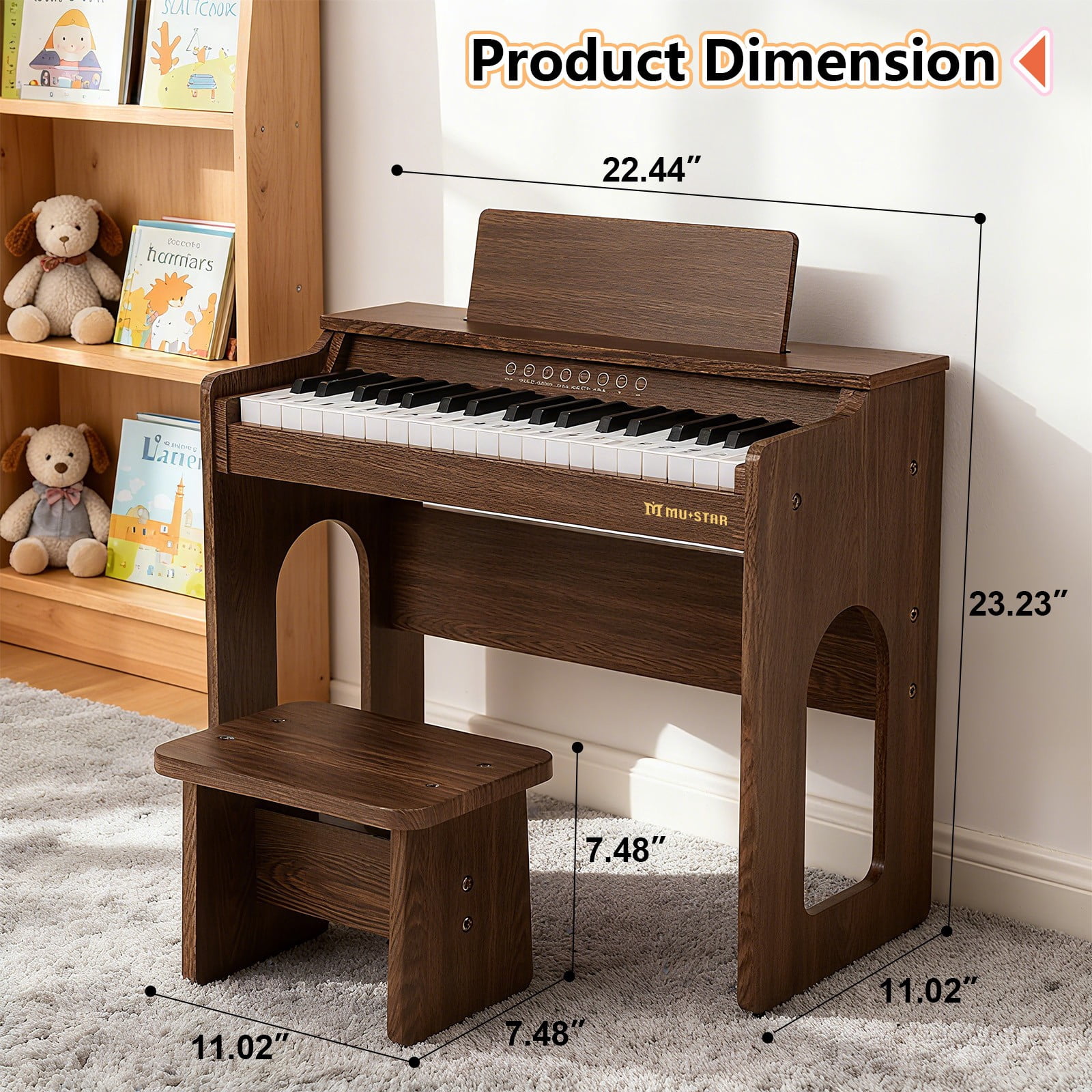 Brown 37Keys Kids Digital Piano Keyboards Wooden Toys Toddler Gifts for Music Education w/Bench,Stickers