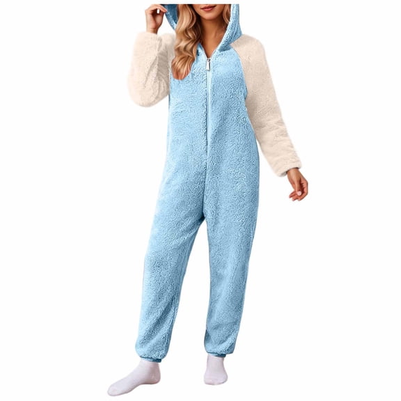 JGGSPWM Womens Fleece Onesie Pajamas Jumpsuit Warm Sherpa Romper Sleepwear Soft Comfy Zipper Hooded Playsuit Loungewear Blue XXXL