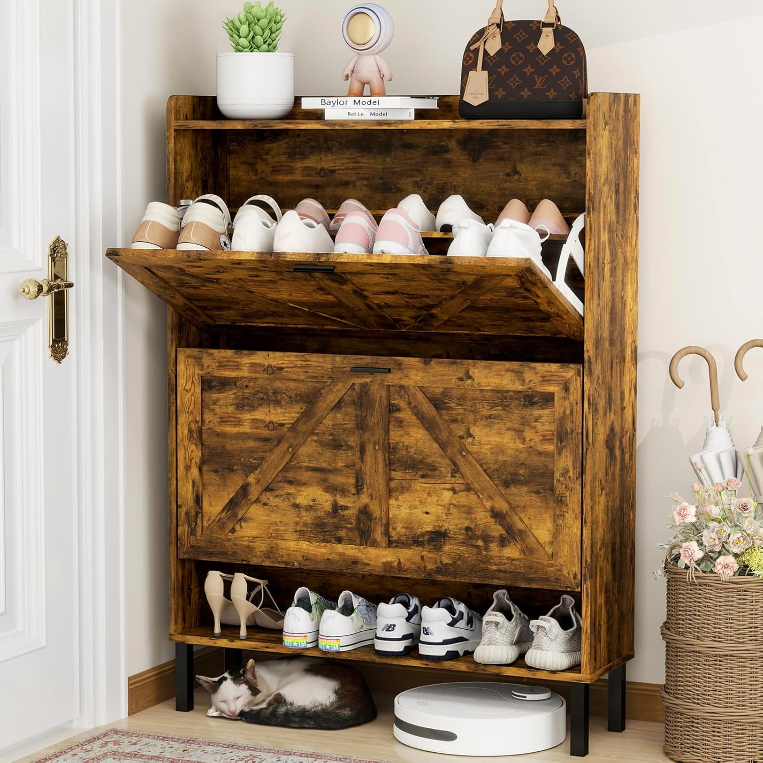 Vinform Farmhouse Shoe Storage Cabinet with 2 Flip Drawers for Entryway, Slim Wood Shoe Cabinet, Freestanding Narrow Shoe Rack Organizer with Metal Legs for Hallway Living Room (Rustic Brown)