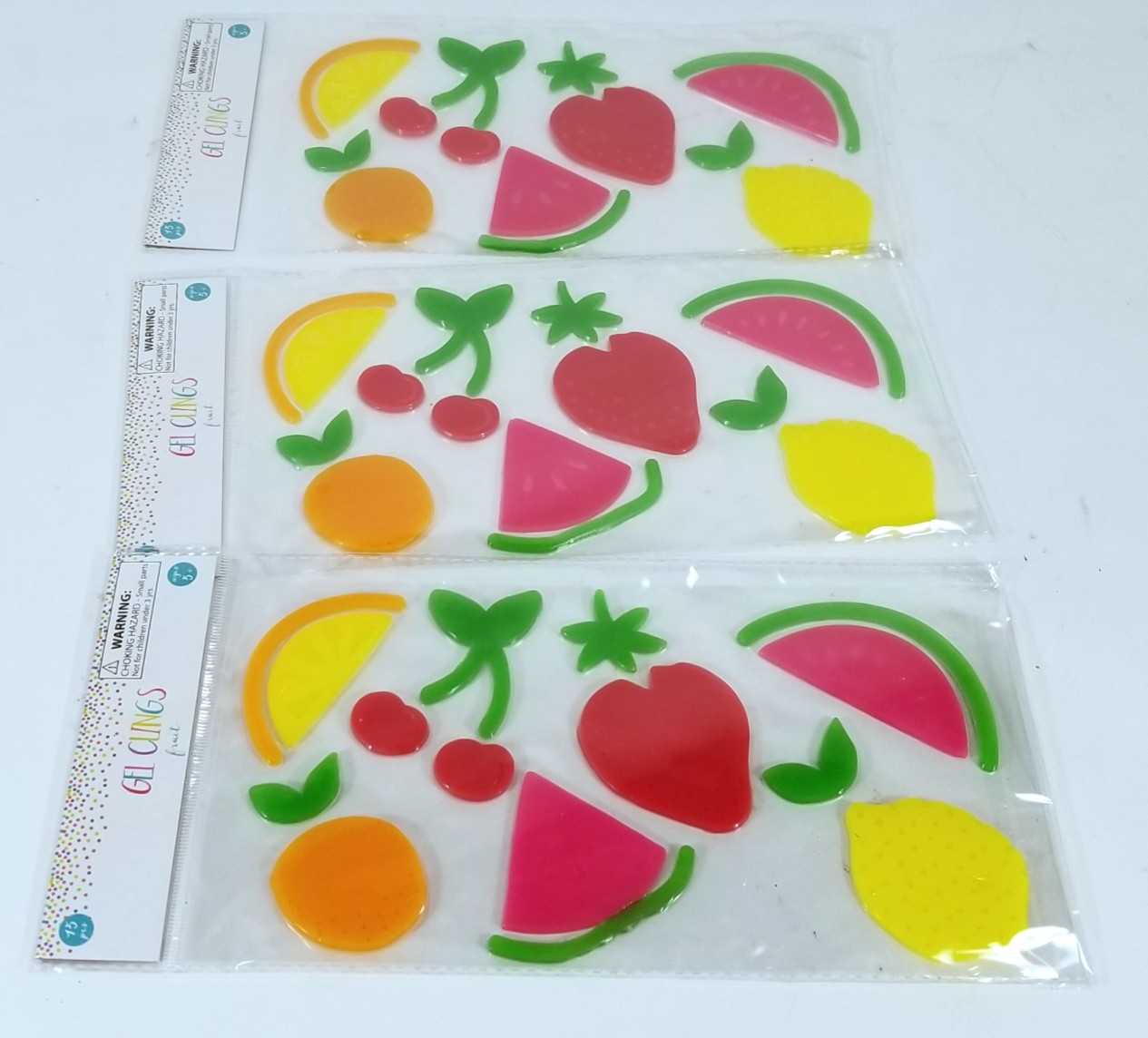 3 Packs of 15 Count Each Gel Clings for Windows, Refrigerator Fruit