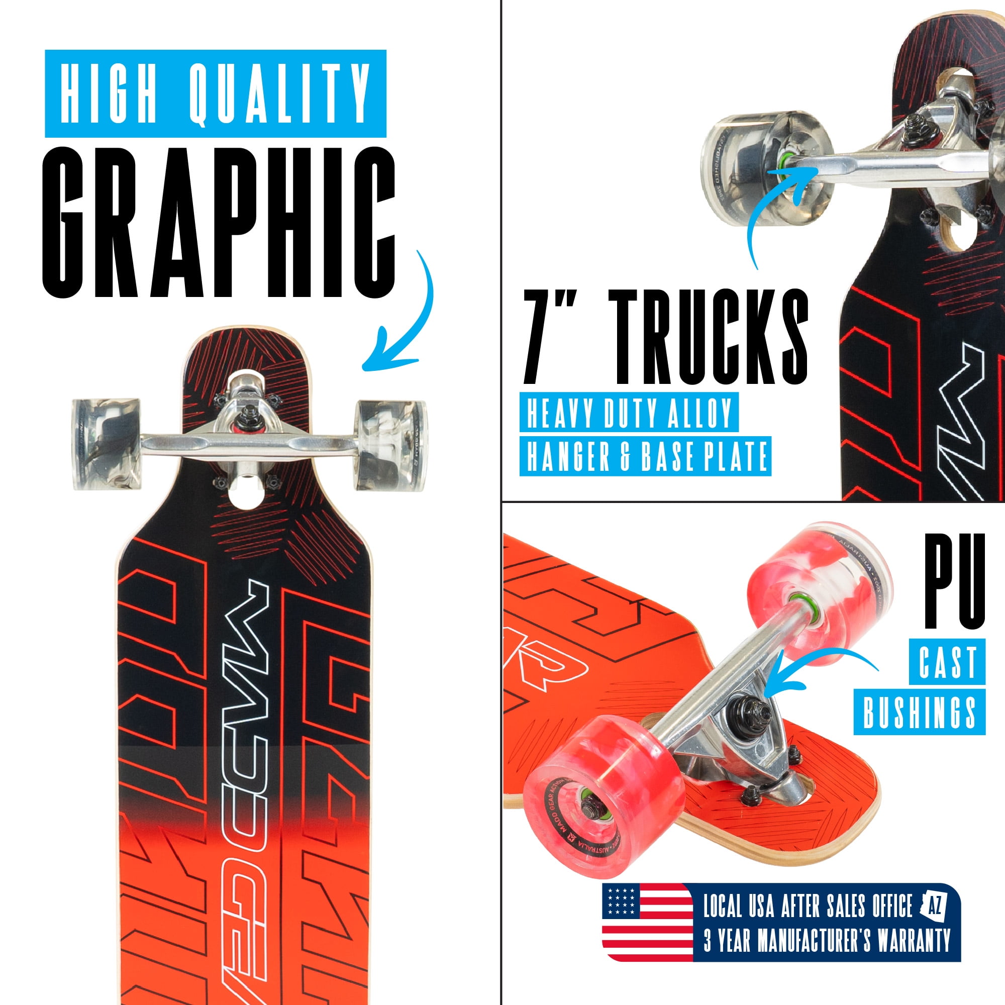 Longboard Drop-Through Cruiser Complete Skateboard – 31" Maple Wood Deck for All Ages – Aluminum Trucks with Smooth Fast Wheels - Madd Gear