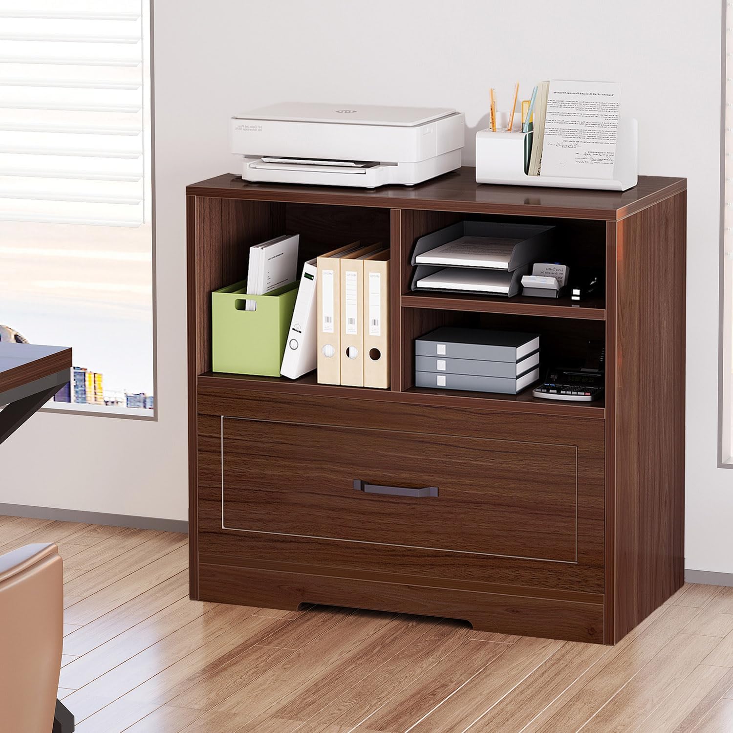 LVB Wood Lateral Filing Cabinet Drawer, Farmhouse File Cabinet Printer Stand with Storage Shelves, Printer Cabinet Fits A4 Letter Legal Size with Hanging File Folder for Home Office, 32.7" Walnut