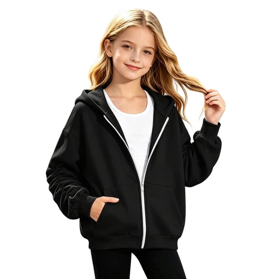 Big Girls Pullover Hoodie Sweatshirt Solid Color with Front Pocket Pullovers Tops Size 14-15T,Black