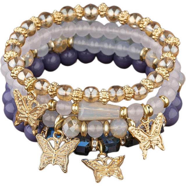 Conjunto de pulseras con colgante elástico de piedra de cristal de mariposa bohemia para mujeres y niñas, pulsera elástica apilable con cuentas doradas, joyería colorida con dijes, playa de verano boh