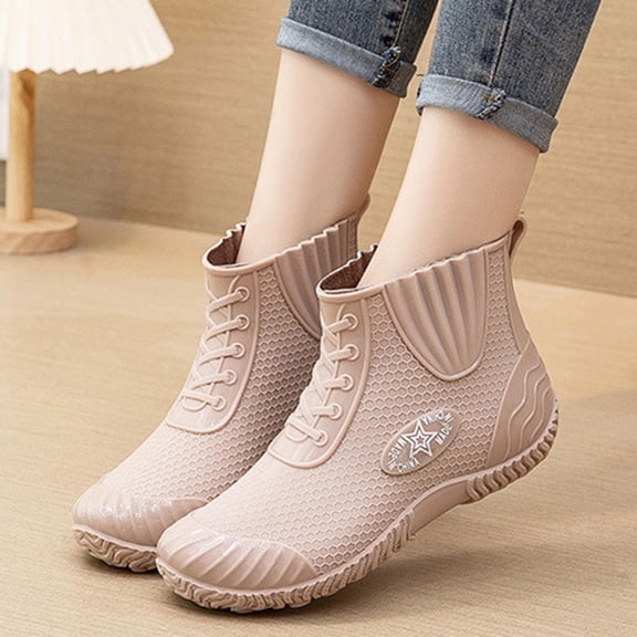 Caywon Women's Ankle Rain Boots Waterproof PVC Round Toe Slip On Short Booties Thick Sole Non Slip Garden Shoes Outdoor Wet Weather Casual Daily Botines Mujer