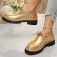 thumbnail image 3 of Lace up Loafers for Women Trendy Stitching Round Toe Walking Shoes Lug Sole Chunky Heel Casual Dress Shoes Gold Size 7, 3 of 6