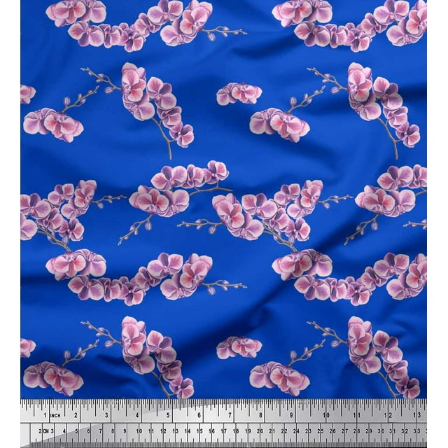 Soimoi Silk Fabric Orchid Floral Print Fabric by Yard 42 Inch Wide