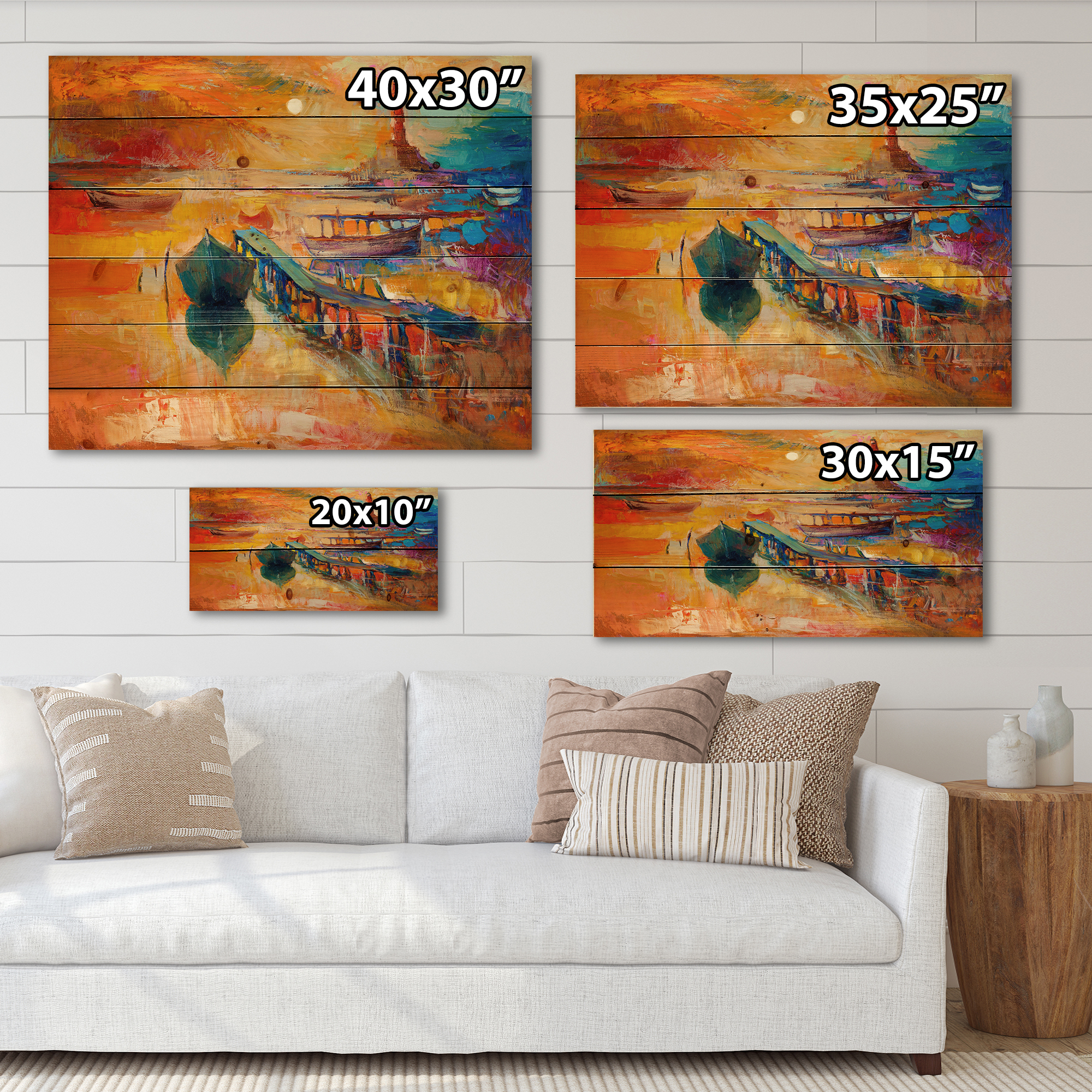 Designart 'Boats Near Coastal Town Resting On The Water III' Nautical & Coastal Print on Natural Pine Wood