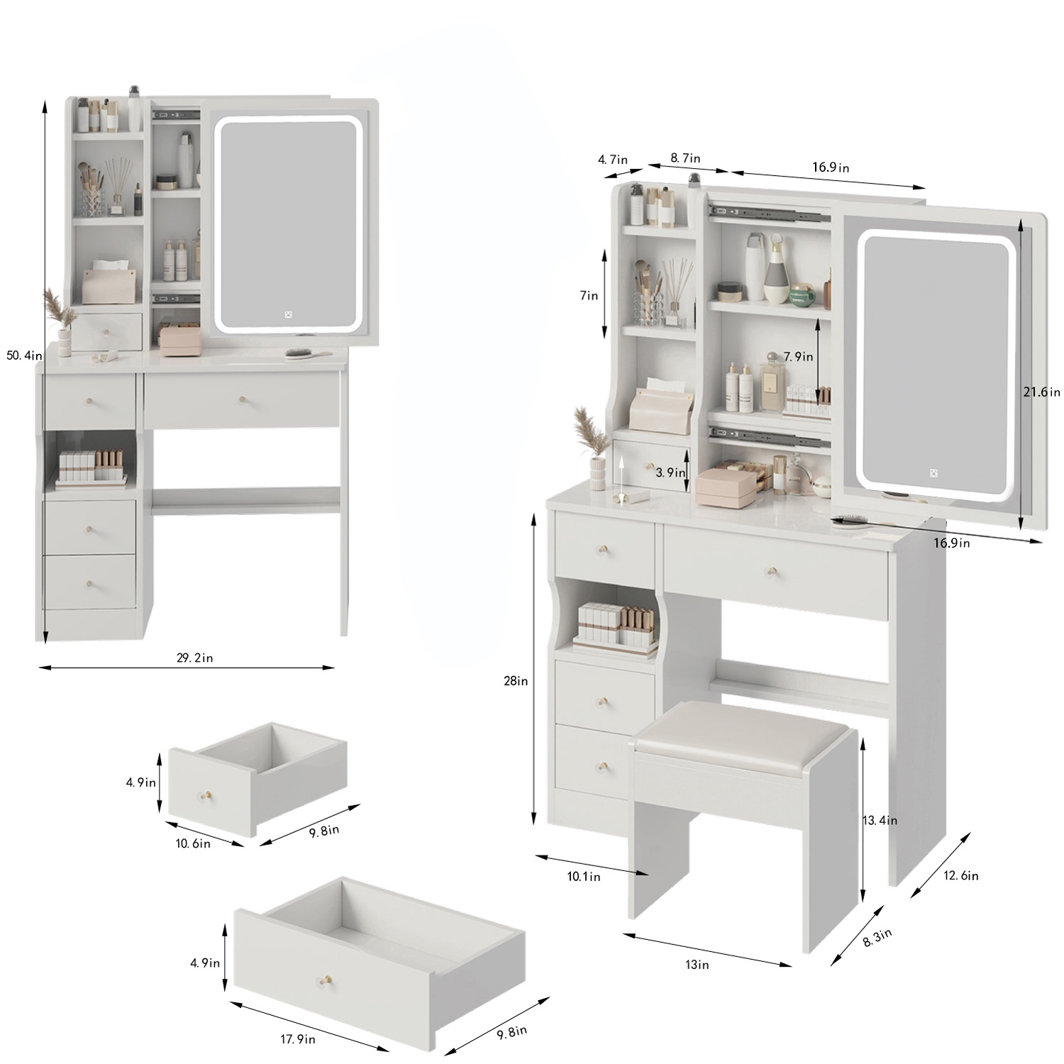 PORKISS Vanity Set with Sliding LED Mirror for Girls, Vanity Desk with Cushioned Stool and 4 Storage Drawers, Multi-Layer Shelves, Dressing Table for Small Bedroom, White