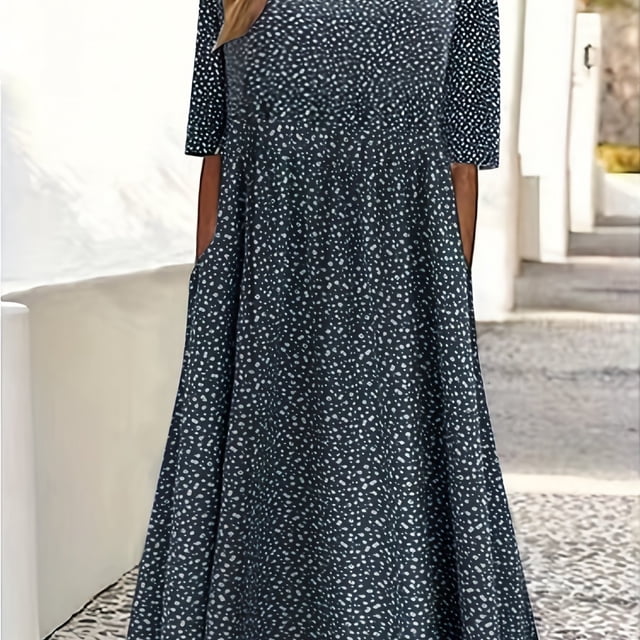 Robe Décontractée Grande Taille pour Femmes, Petites Tailles, Imprimé, Manches Courtes, Col Rond, Légère Extensibilité, Robe Maxi avec Poches