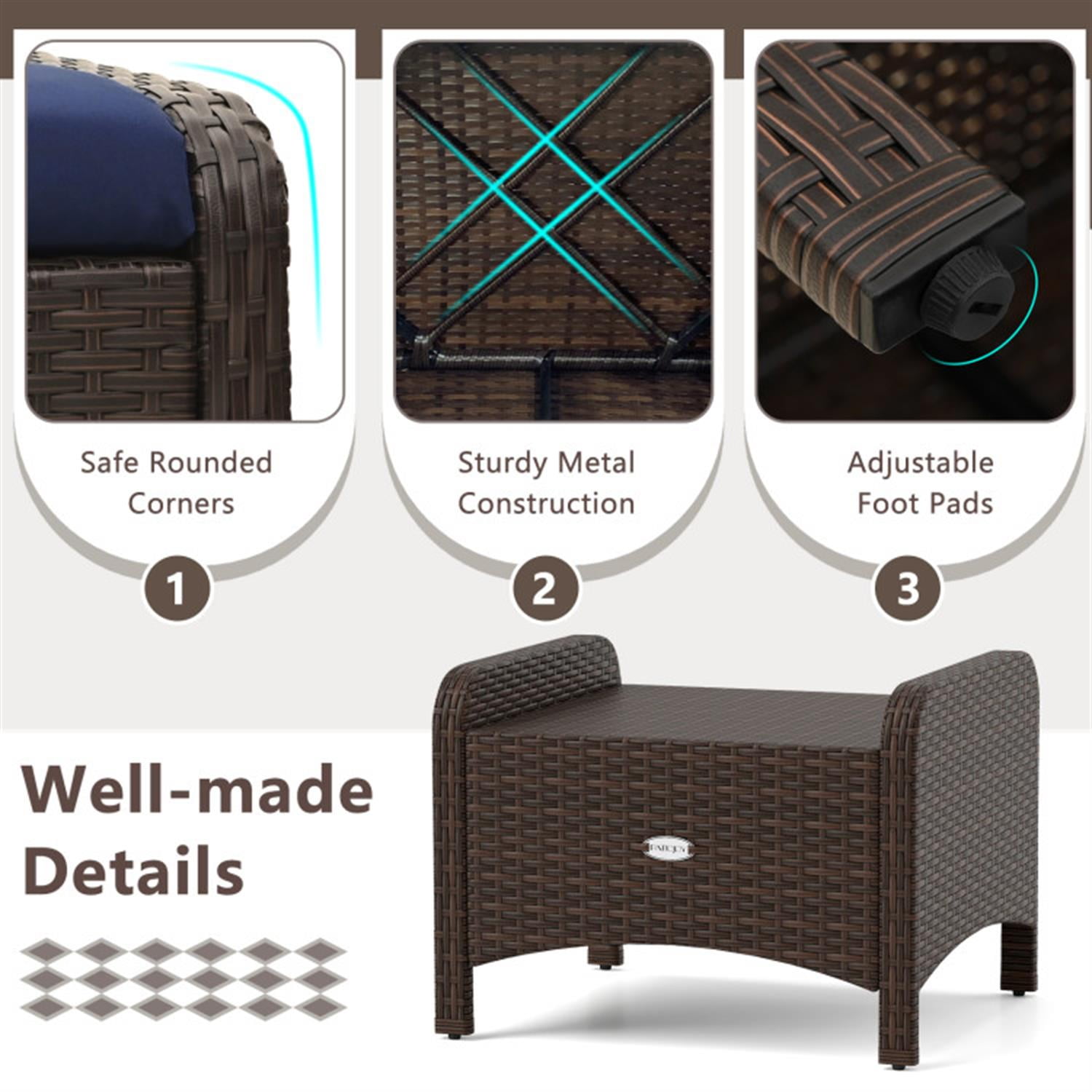Demi Bonn 2 Pieces Outdoor Patio PE Wicker Ottomans with Removable Cushions for Yard, Pool or Backyard, Blue