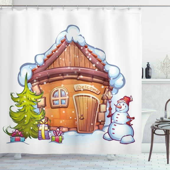 Ambesonne Christmas Shower Curtain, Cartoon House, 69"Wx70"L, Caramel Green White