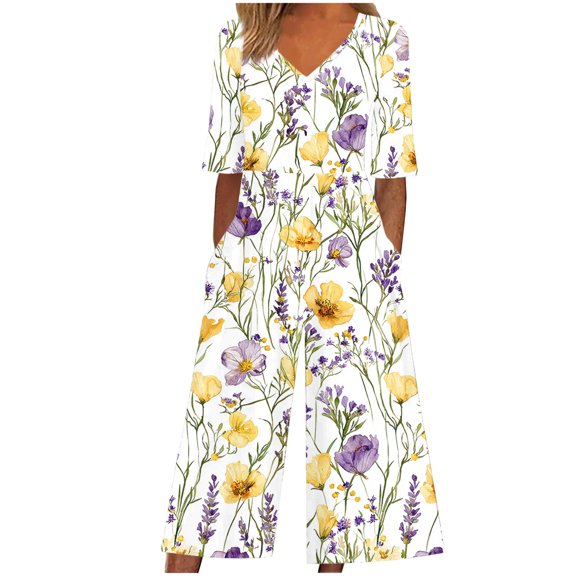 BVnarty Women V Neck Elbow Sleeve Wildflower Print Culotte Jumpsuit, Loose Fit Equipped With Side Pockets for Outdoor Walk White XL