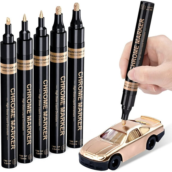 Copper Liquid Chrome Marker Set: 5pcs Oil- based Liquid Chrome Paint Pen, Permanent Reflective Chrome Touch Up Markers for Model Metal Plastic Glass Ceramic Cars Repair Tire DIY Art Craft(1-3mm)