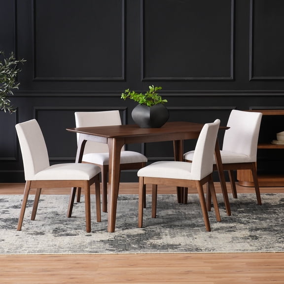 FFZ 5-Piece Dining Table Set with Solid Wood Frame and 4 Upholstered Chairs, Light beige