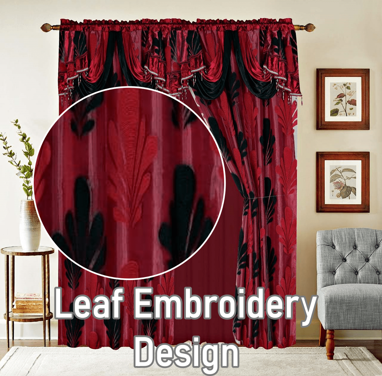 Complete Set Shopia 2 Tone Luxury Jacquard Chiffon with Attached Valance with Beads and Tassels Window Curtain Bedroom, Living Room, and Dining Room (108 x 84 inches)