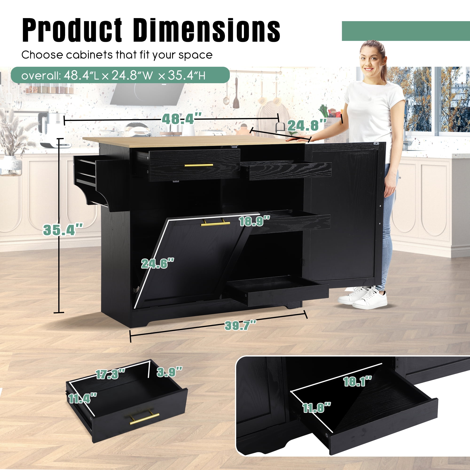 Haverchair 39.7" Kitchen Island with Drop Leaf and Storage Cabinet, Mobile Kitchen Rolling Bar Cart with Trash Can Cabinet and Drawer, Modern Island Table for Kitchen with Spice Rack and Towel Rack