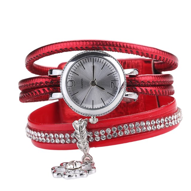 Moda mujer PU correa de cuero cuarzo exquisito reloj de pulsera de diamantes de imitación (rojo)
