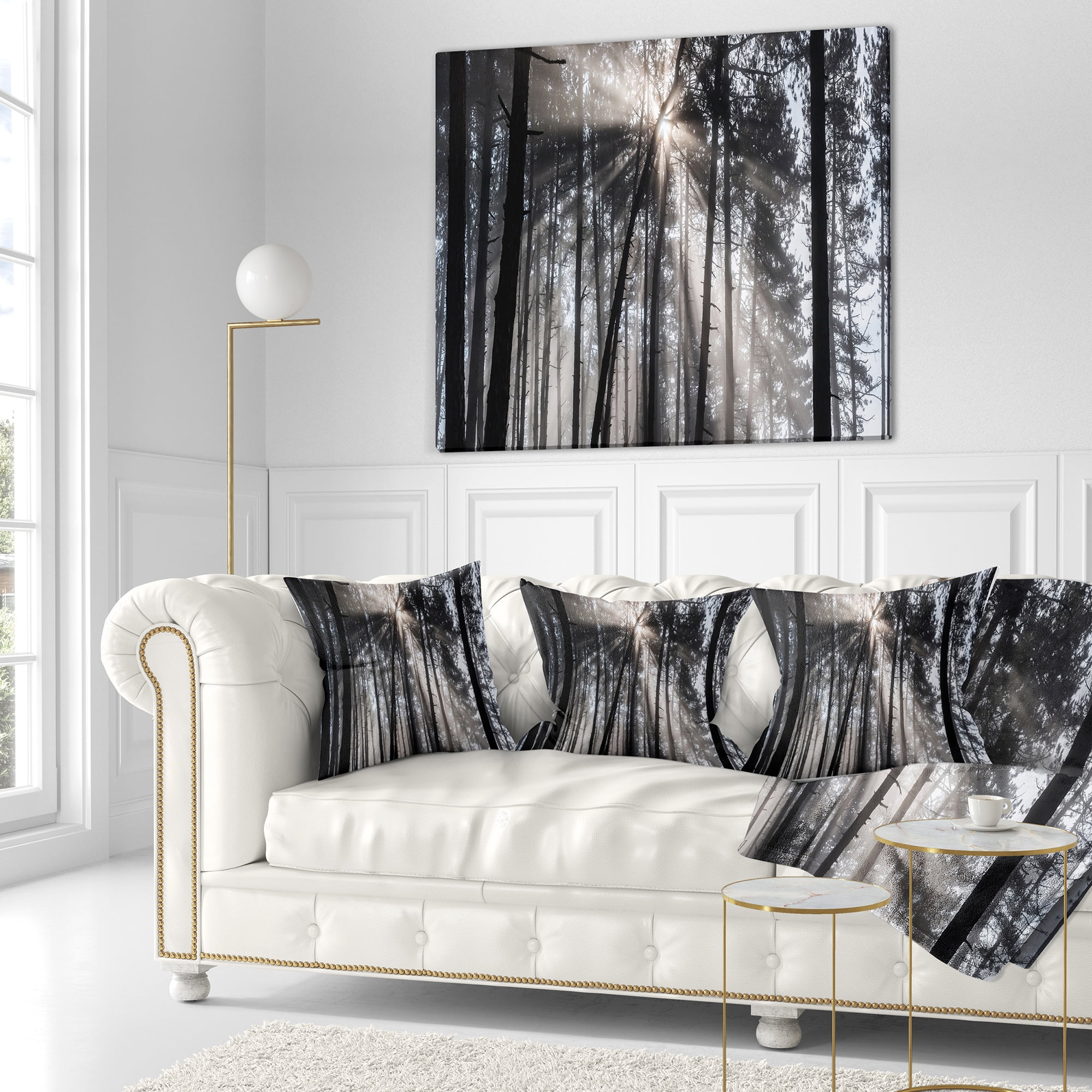 Designart Sunbeams through Black White Forest - Forest Throw Pillow - 16x16