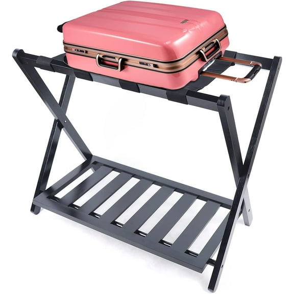 Miumaeov Luggage Rack with Shelf 2 Tier Black Luggage Storage Rack Folding Bedroom Storage Rack Metal Foldable Design Strong Load-Bearing Capacity for Home Hotel Use