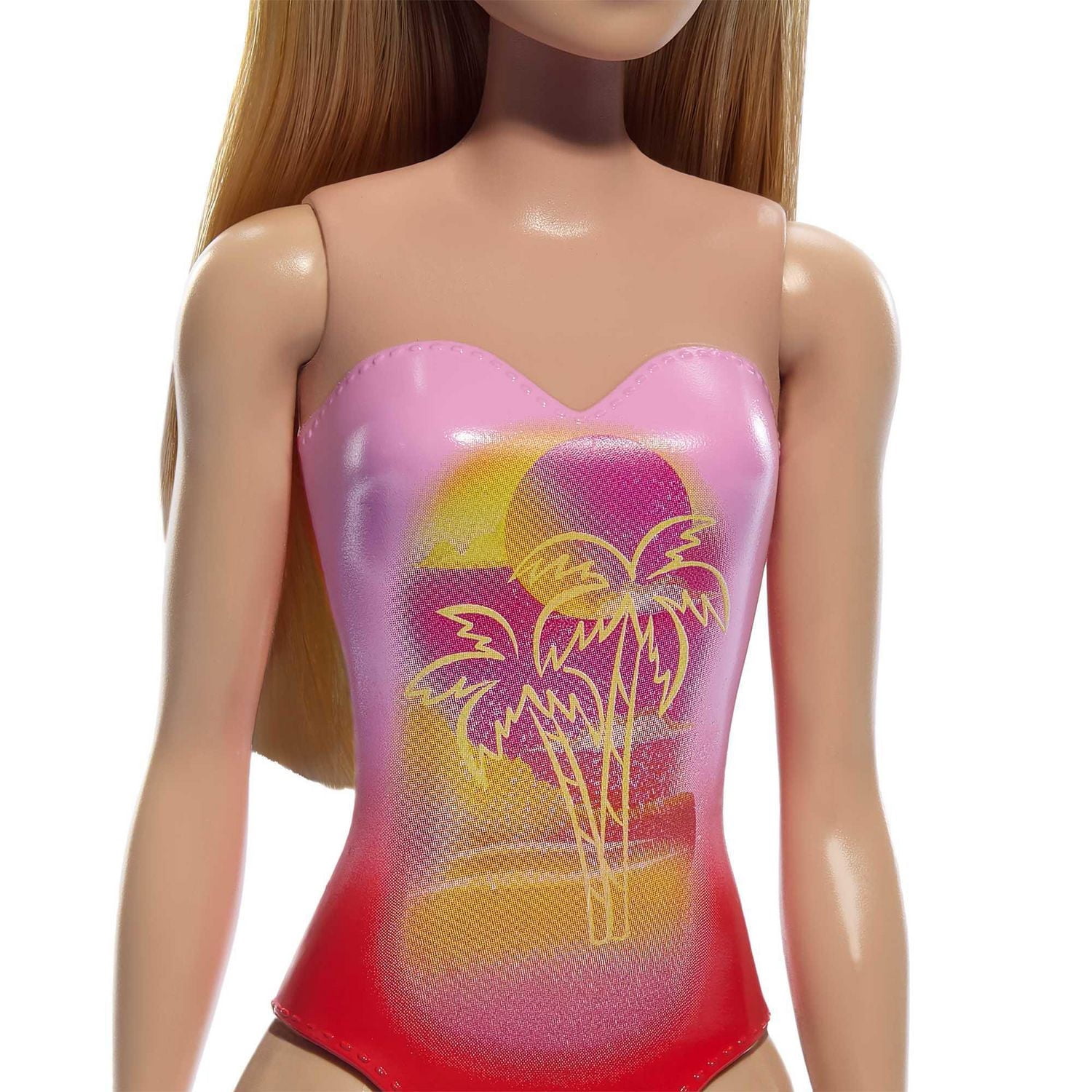 Barbie – Poupée Plage – Cheveux blonds, maillot rose à imprimé palmiers