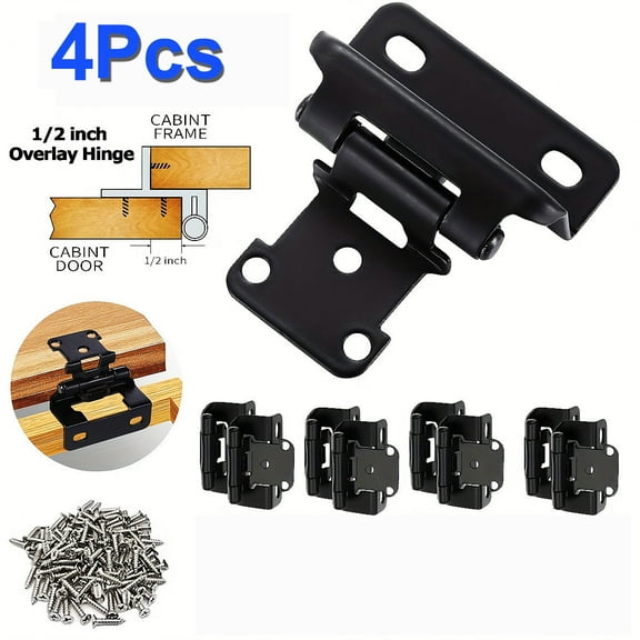 RIDWIND 4 Pack (2 Pair) Matte Black Self-Closing Cabinet Hinges, 1/2" Overlay Semi-Concealed Hinges for Flush Mount Face Frame Kitchen Doors