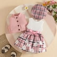 thumbnail image 2 of CAICJ98 Toddler Baby Girl 3 Piece Outfits Cute Sleeveless Collar Crop Jackets Flower Plaid A-Line Dress with Hat Spring Clothes Sets (Pink,9-12 Months), 2 of 6