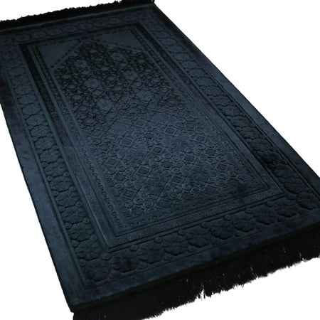 

Velvet Prayer Rug - Soft Plush Turkish Janamaz Sajada Carpet For Men And Women - Plain Solid Prayer Mat Ramadan Eid Gift - With Prayer Beads - Luxury Floral Stamp (Black)