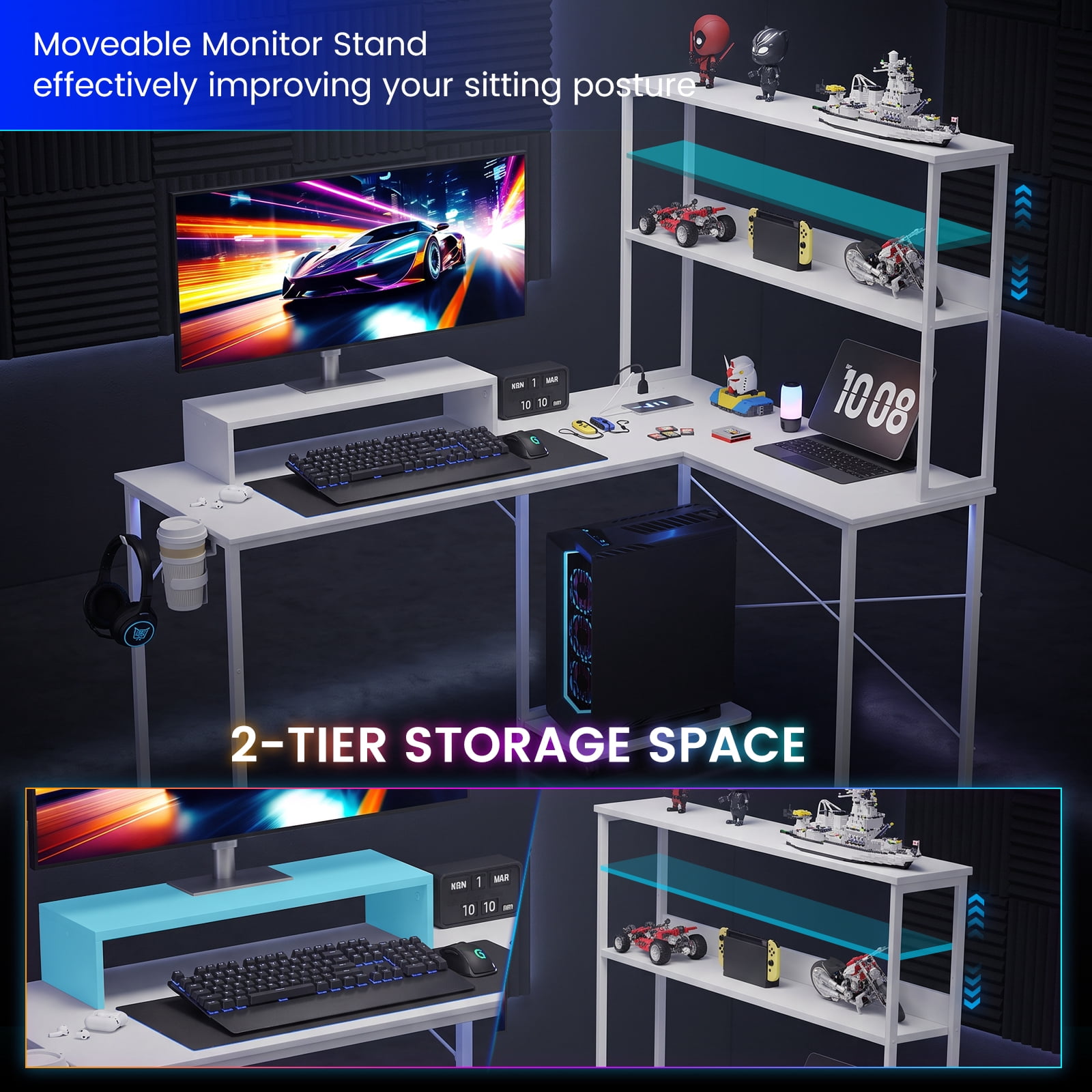 CLOUDREST PTO 53" L-Shaped Gaming Desk, Power Outlets & RGB LEDs, White