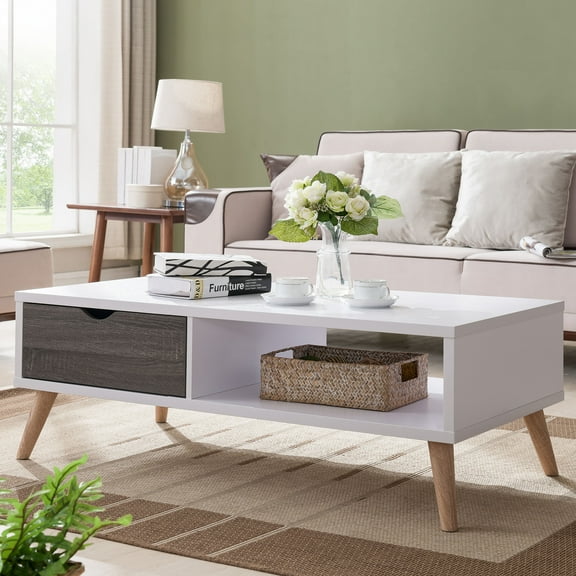 Bjua 1-Drawer and 1-Shelf Wood Coffee Table, Distressed Gray and White