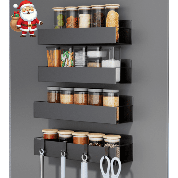 PHANCIR Organizador de Especias Magnético de 4 Pzas, Estante de Almacenamiento de Cocina Móvil con Ganchos, Negro