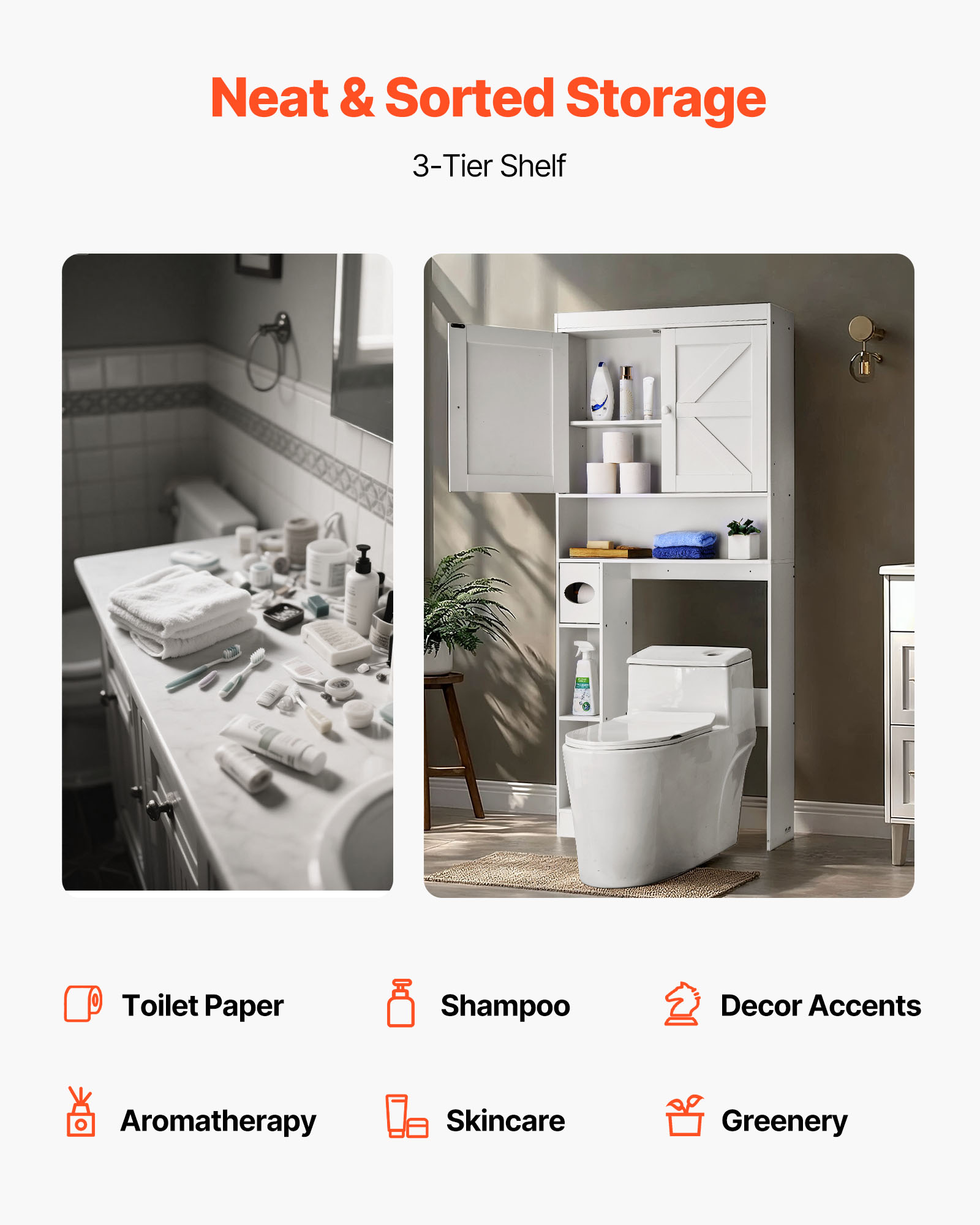 VEVOR Over The Toilet Storage Cabinet, 67.44 in Height Bathroom Storage Organizer with Double Door and Adjustable Shelf, Bathroom Space Saver Organizer Above Toilet with Open Shelf, White